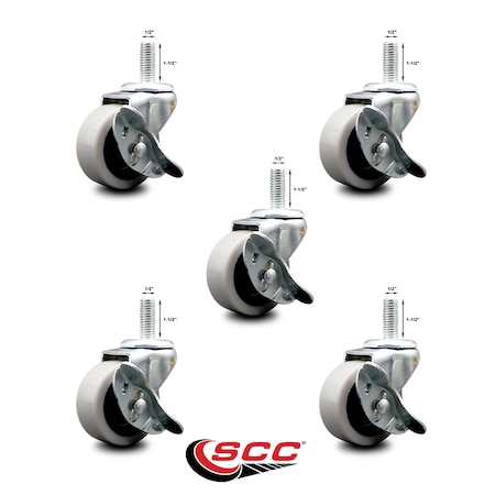 2 Inch Thermoplastic Wheel 1/2 Threaded Stem Caster Set With Brakes SCC, 5PK